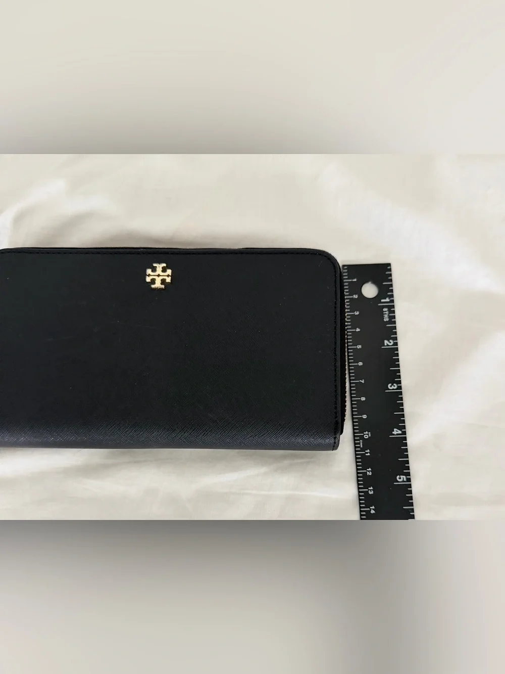 Tory Burch Black Saffiano Zip Wallet with Gold Logo